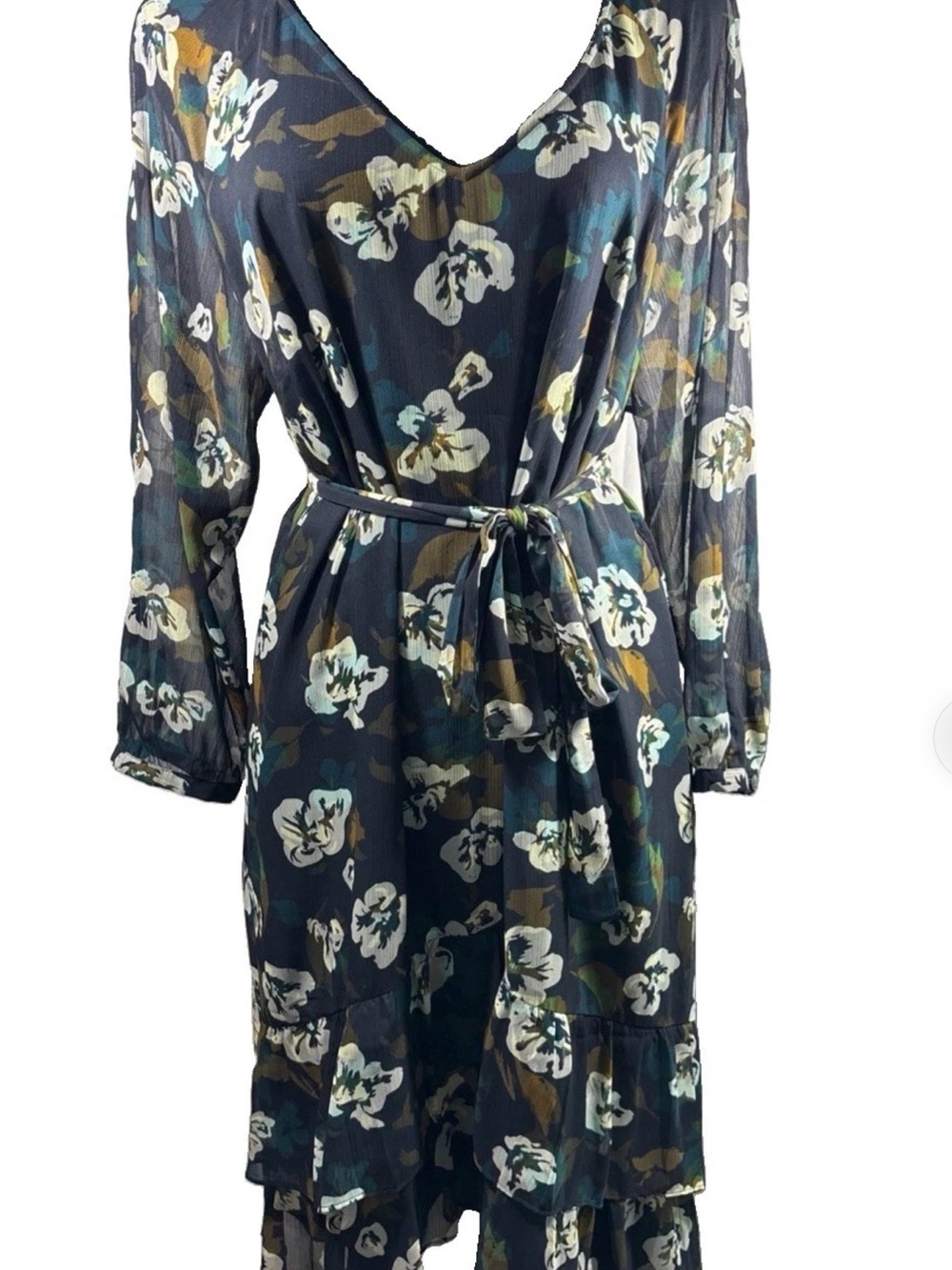 CAbi Navy Floral V-Neck Belted Midi Dress XL Sheer Chiffon Ruffle Hem